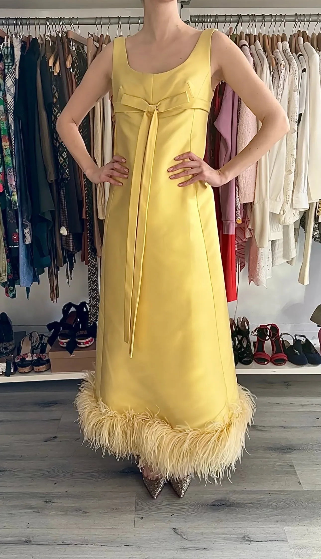 Jean Patou 1960's Yellow Maribou Sleeveless Gown