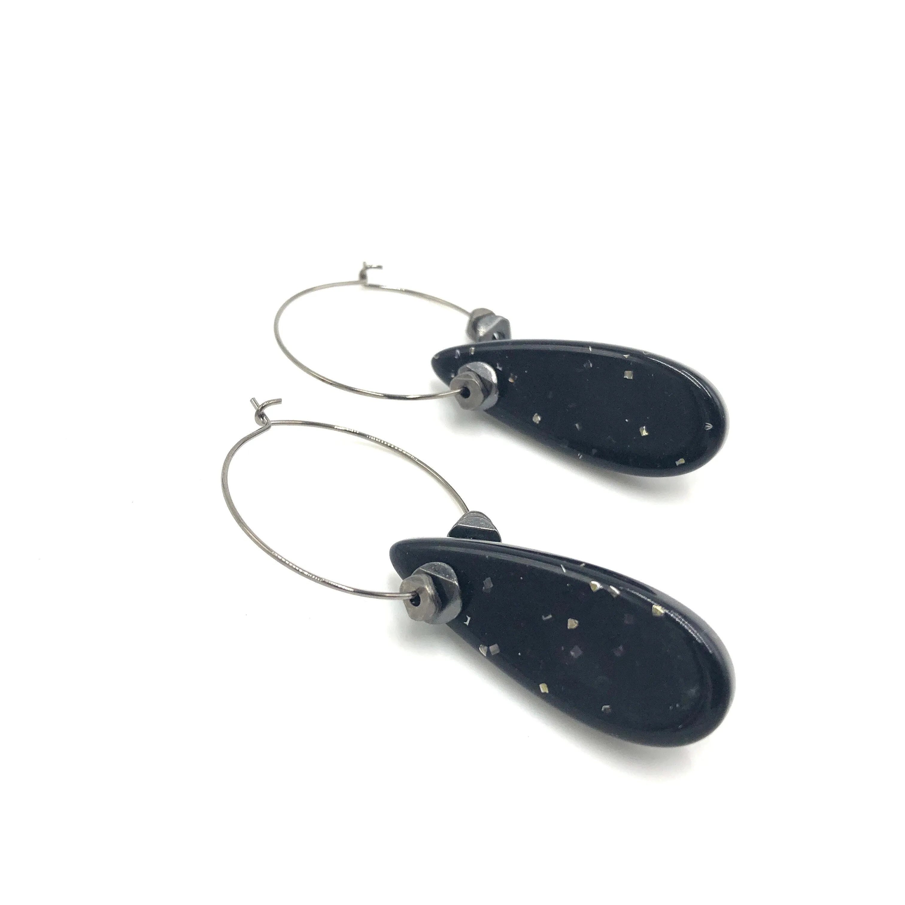 Jet Glitter Teardrop Hoop Earrings