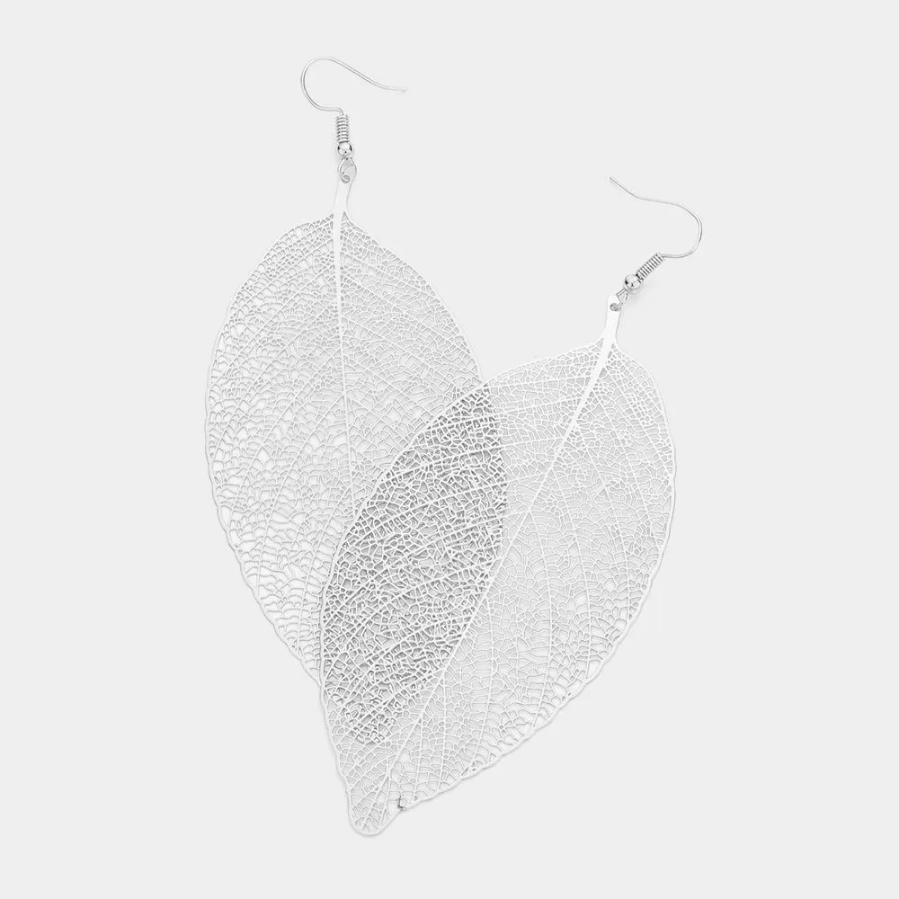 Metal Filigree Leaf Dangle Earrings