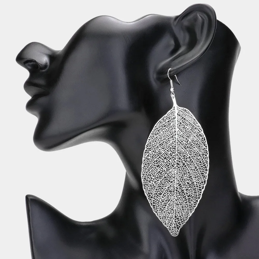 Metal Filigree Leaf Dangle Earrings