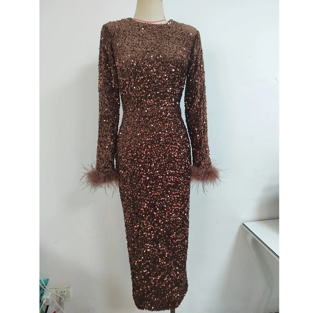 New Arrival Autumn Women Long Sleeve Sexy Bodycon Mid-calf Dress Shinning Sequiens Feathers  Party Dress