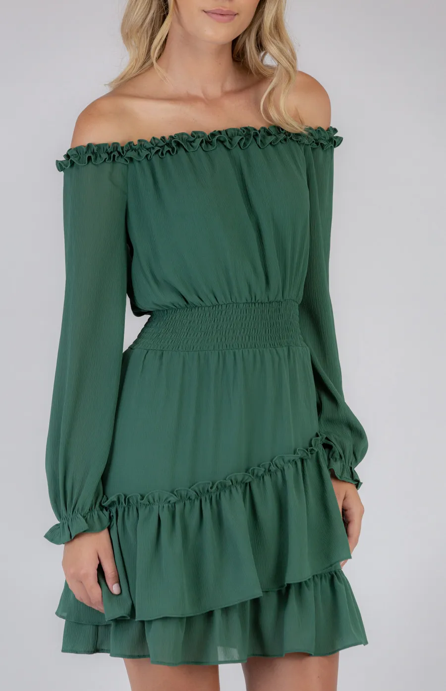 Off the Shoulder Shirred Waist Dress (SDR773A)