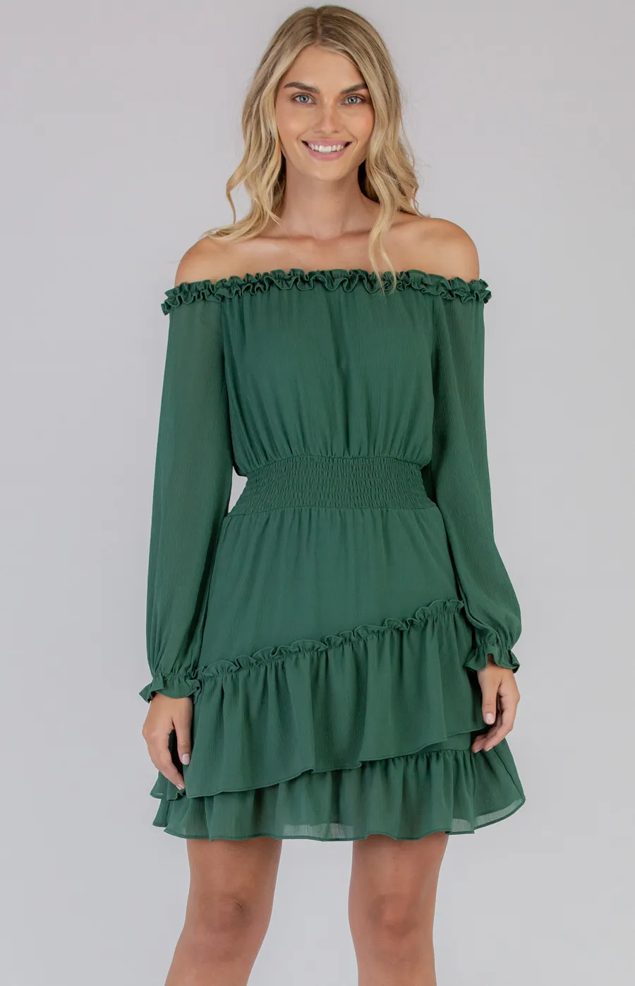 Off the Shoulder Shirred Waist Dress (SDR773A)