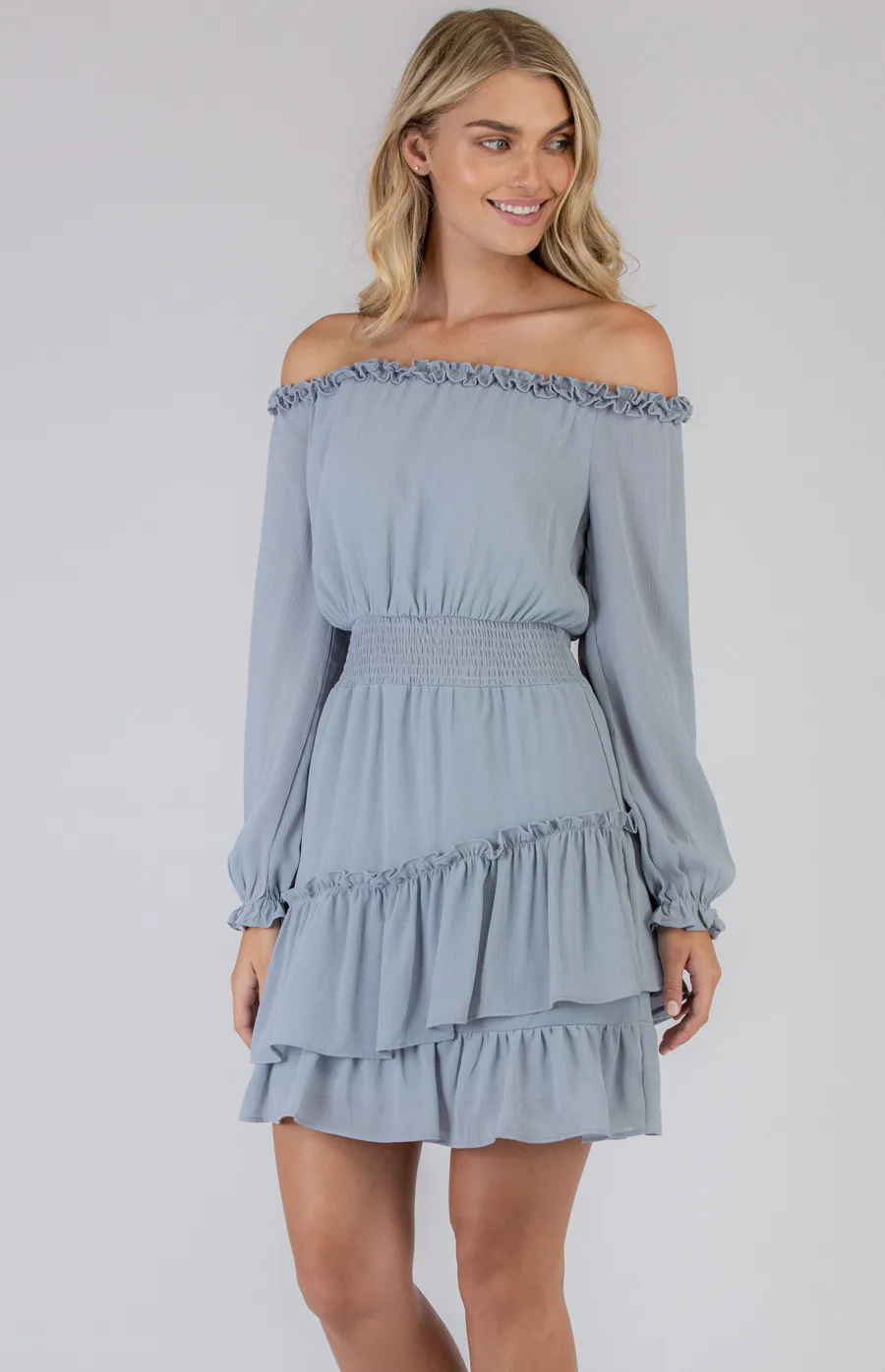 Off the Shoulder Shirred Waist Dress (SDR773A)