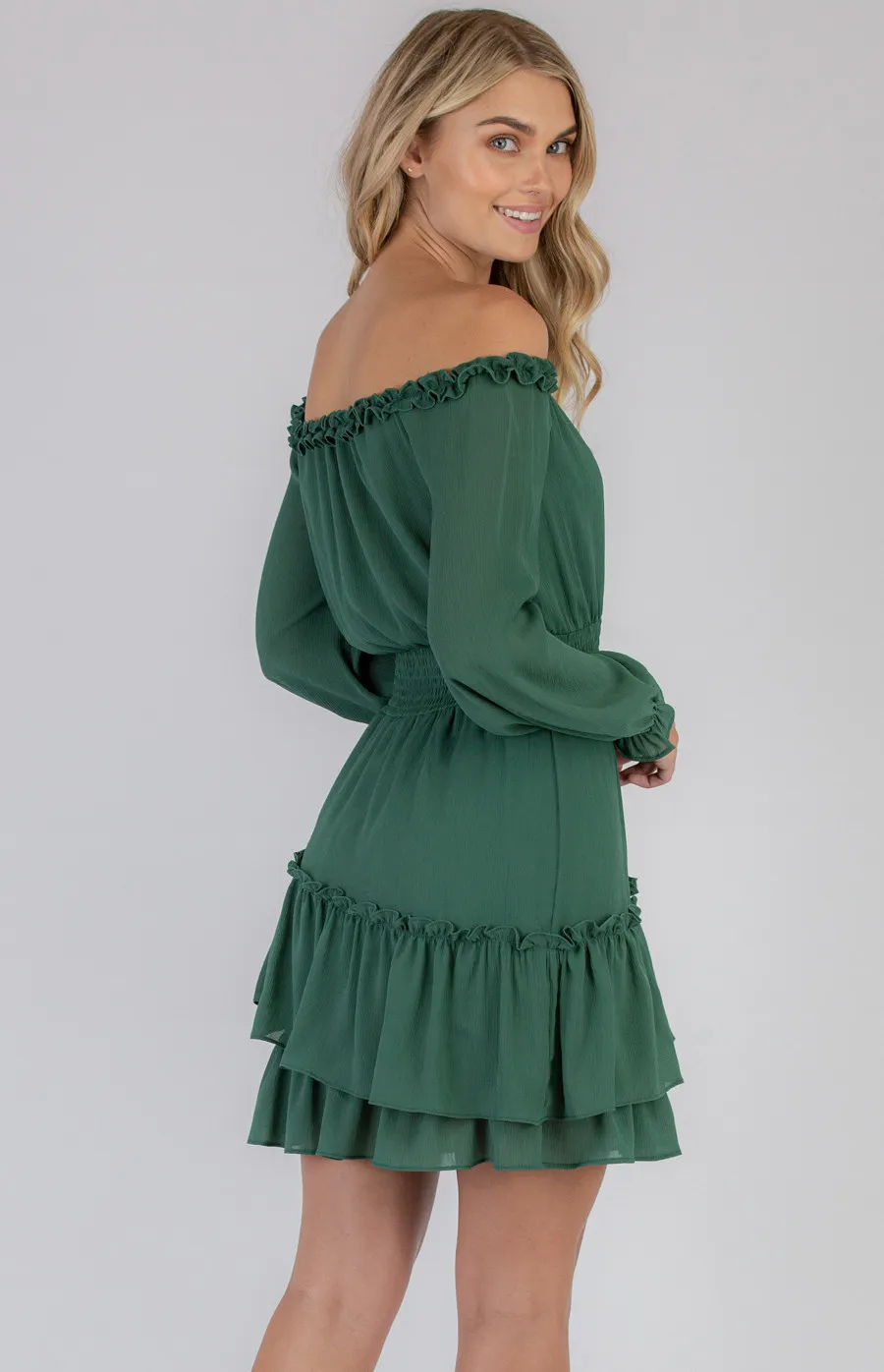 Off the Shoulder Shirred Waist Dress (SDR773A)