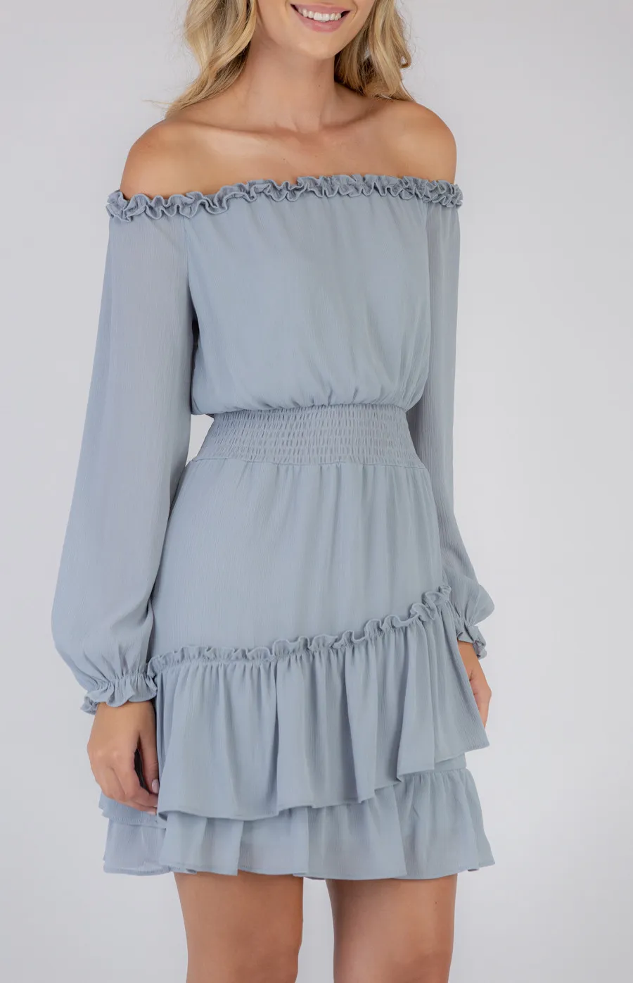 Off the Shoulder Shirred Waist Dress (SDR773A)