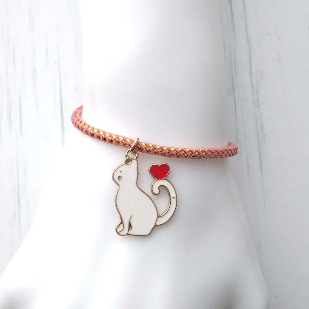 Olivia 2 Enamel White Cat Metallic Cord Slider Bracelet