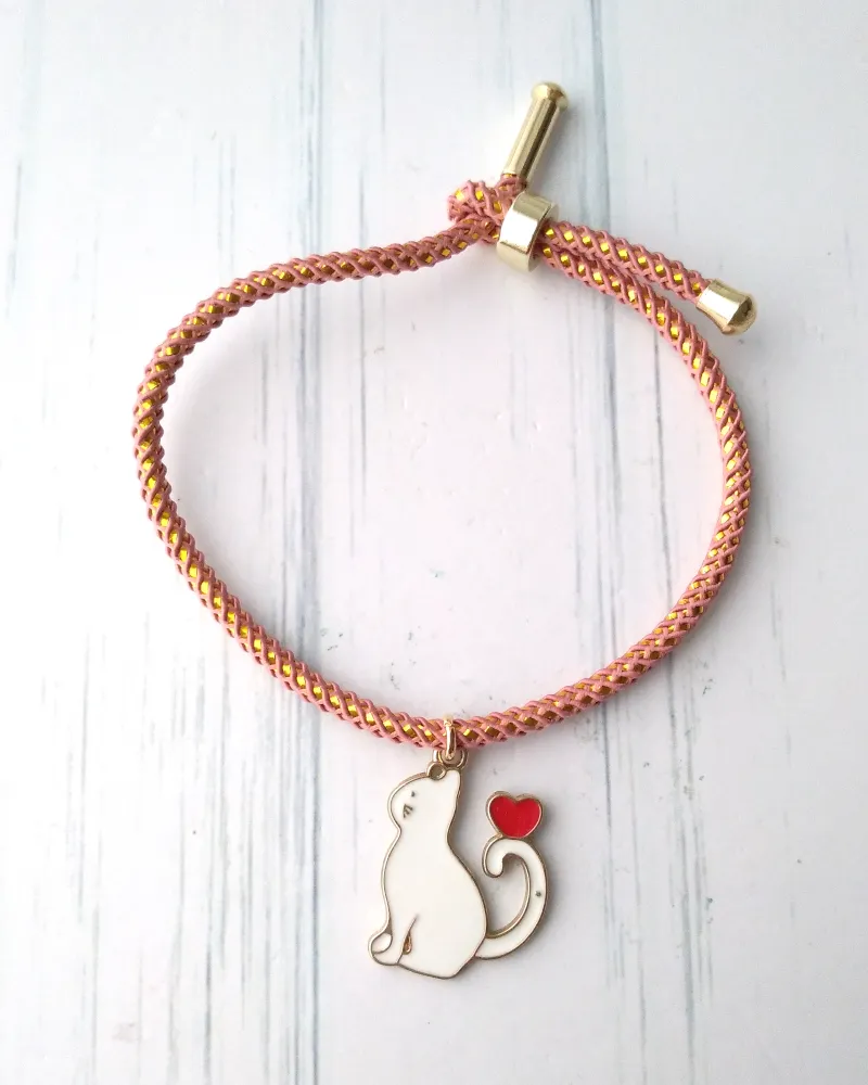 Olivia 2 Enamel White Cat Metallic Cord Slider Bracelet