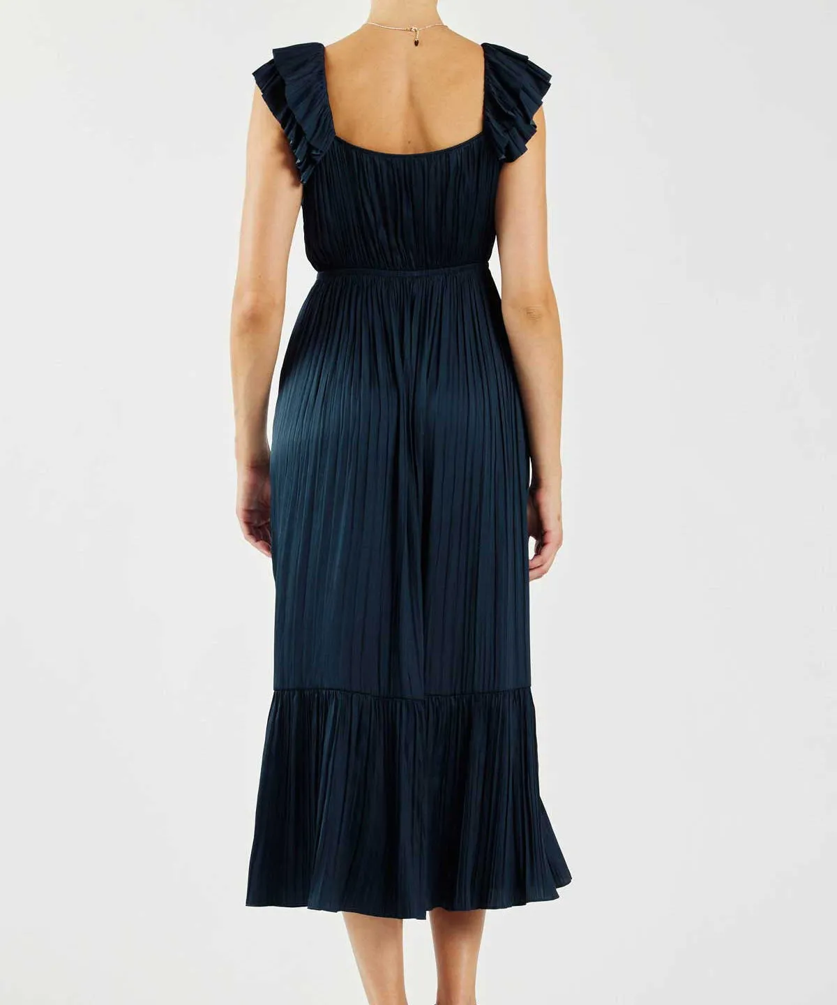 Pleated Square Neck Dress - Navy