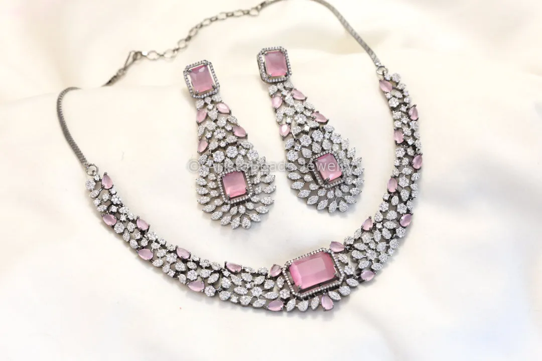 Premium Nano CZ Necklace Set -Pink