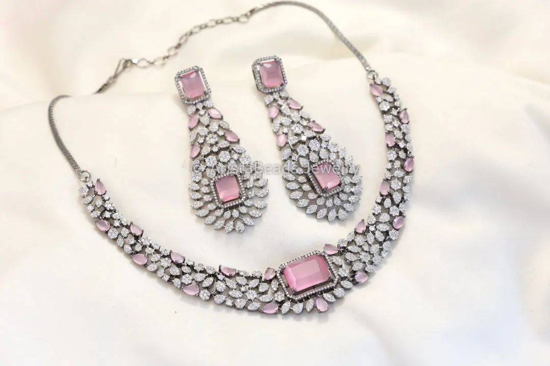 Premium Nano CZ Necklace Set -Pink