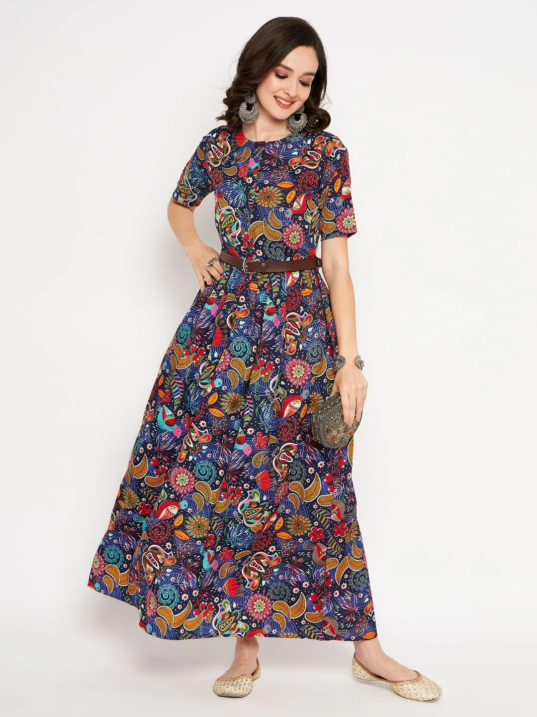 Printed Maxi Dress with Belt