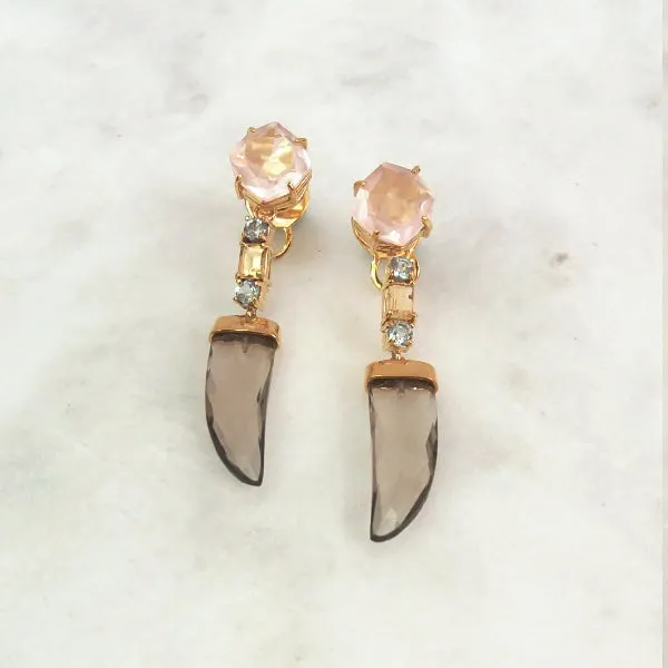 Rose Quartz Stud with Blue Topaz, Citrine, Blue Topaz & Smokey Quartz Twinset Earrings