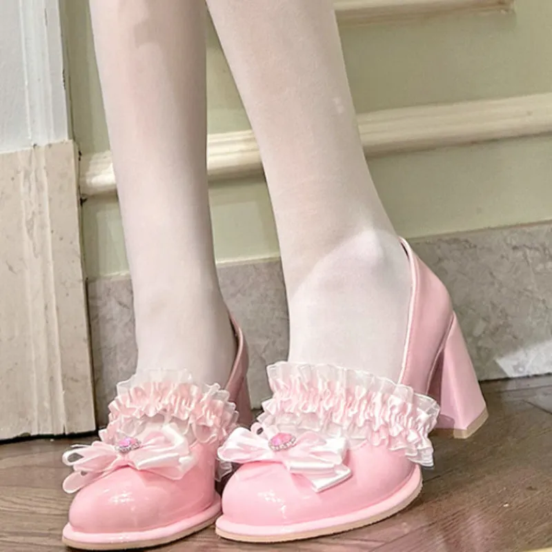 Sweet Peach Pink Bow Lace High Heels