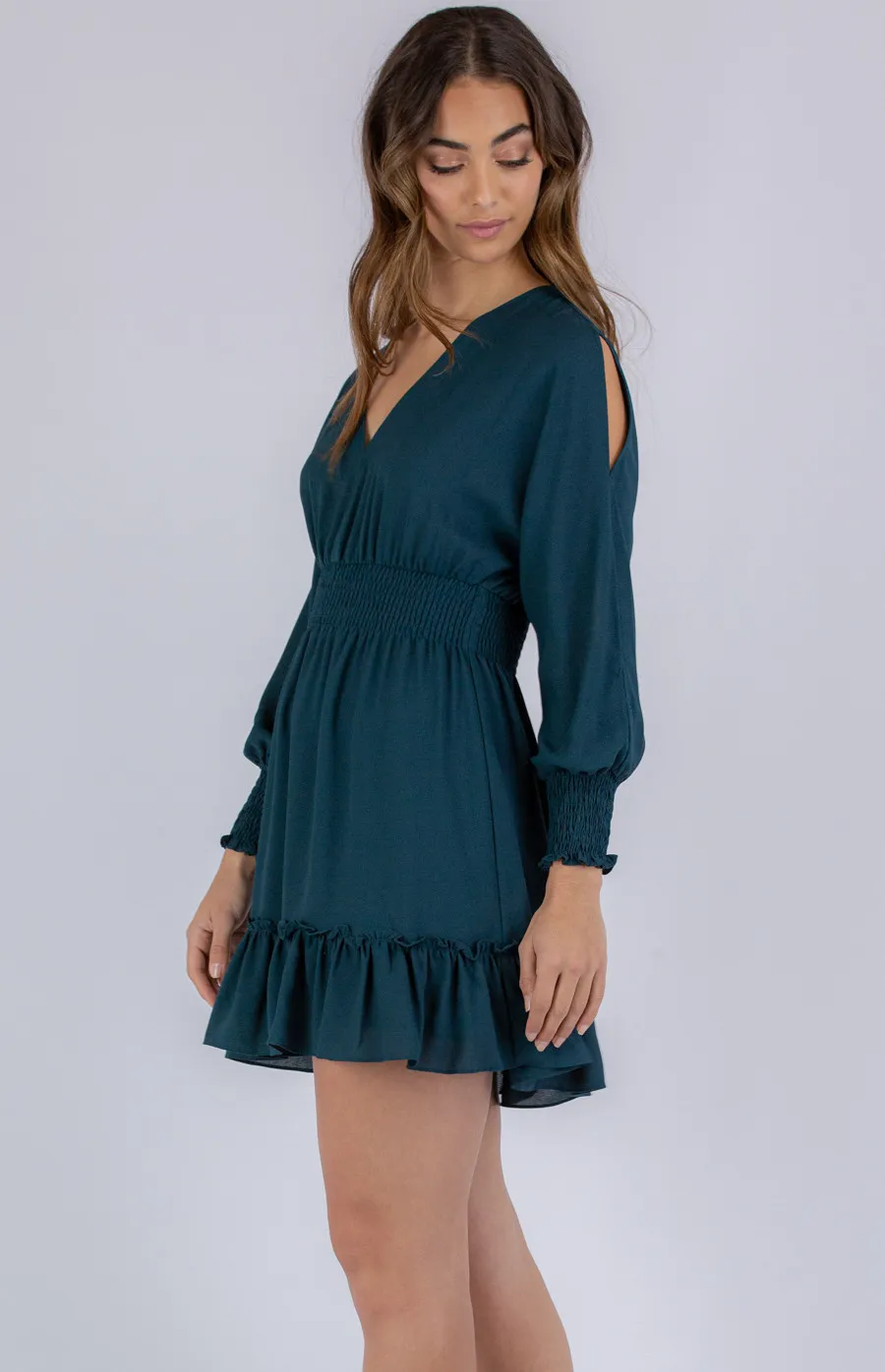 Textured V-neckline Dress with Shirred Detailing (SDR766A)