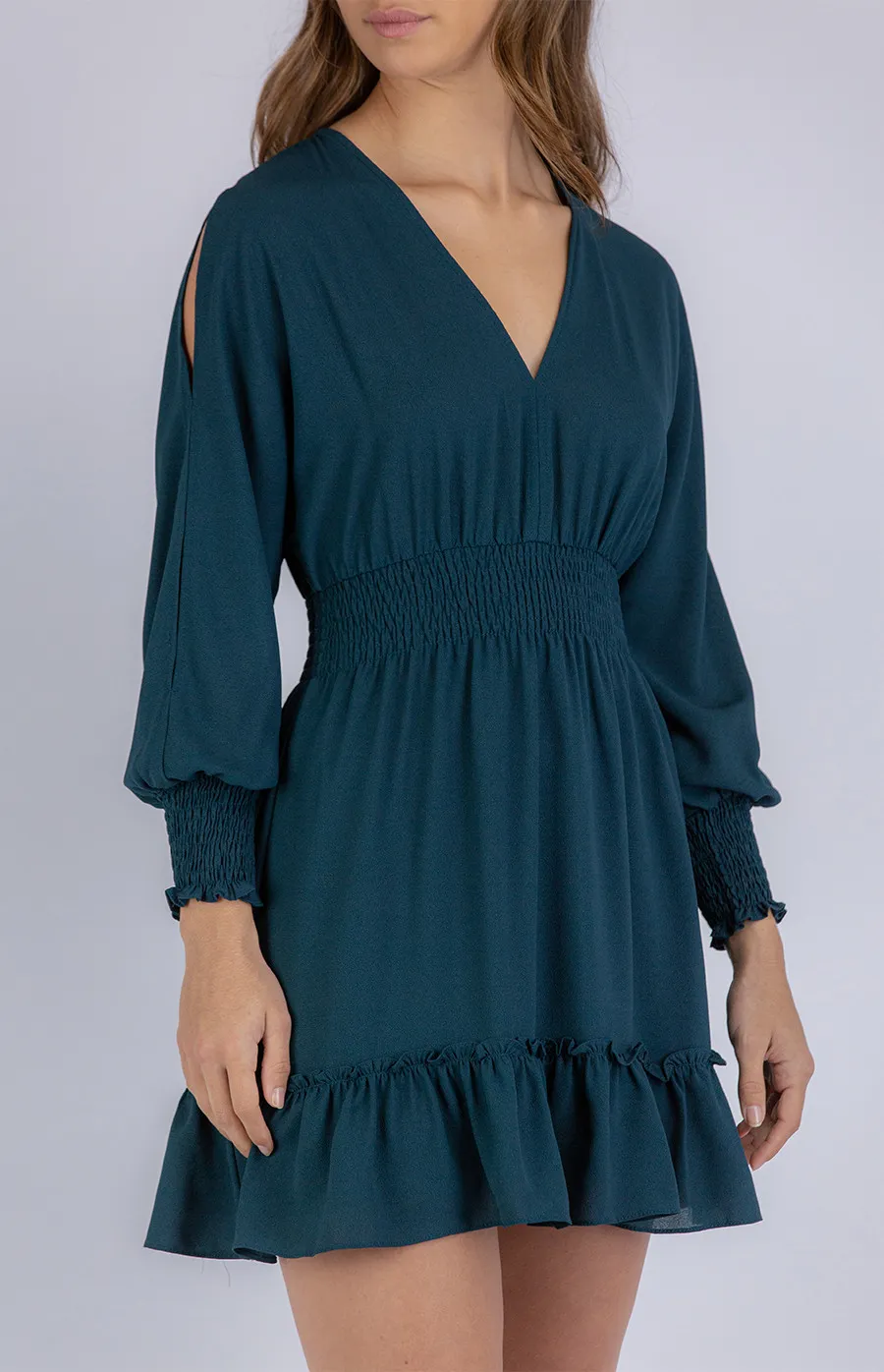 Textured V-neckline Dress with Shirred Detailing (SDR766A)