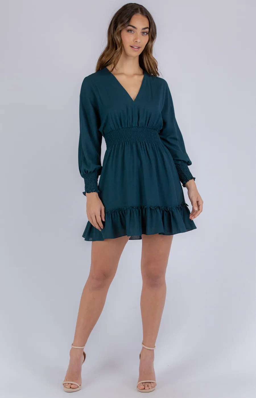 Textured V-neckline Dress with Shirred Detailing (SDR766A)