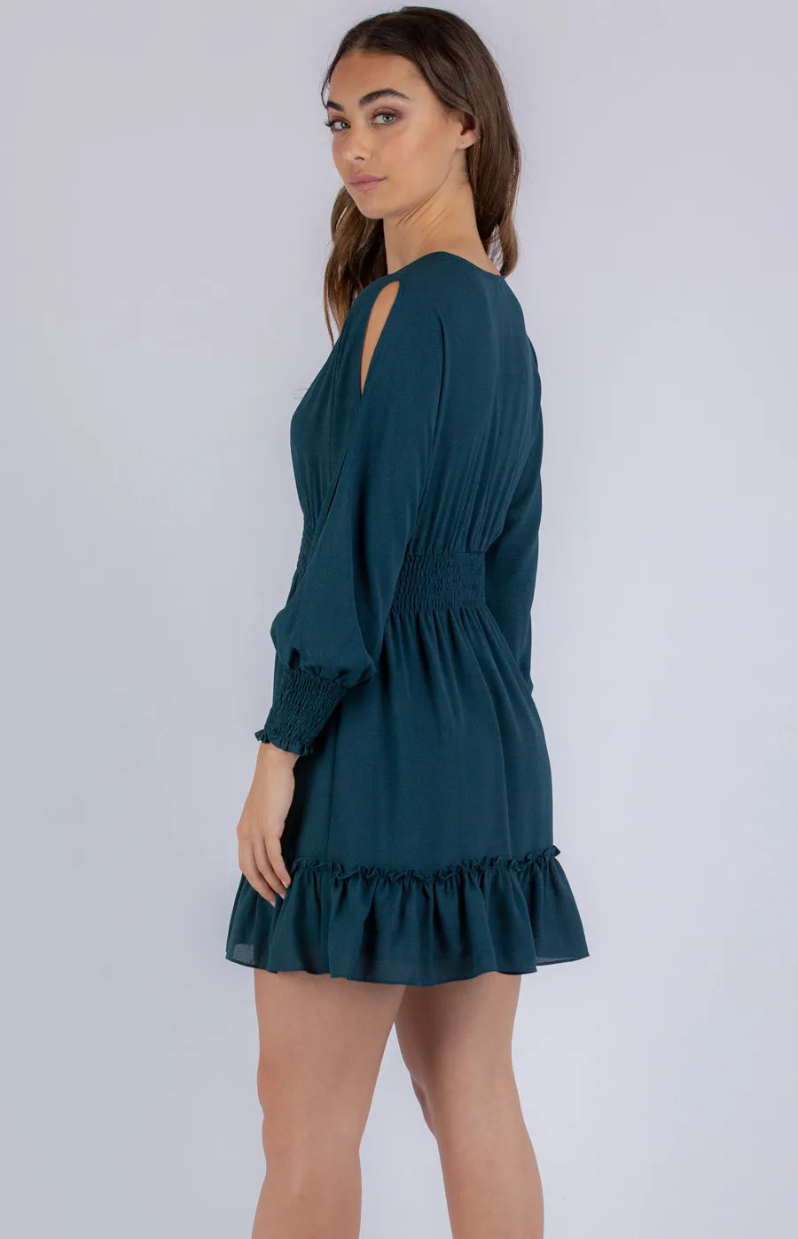 Textured V-neckline Dress with Shirred Detailing (SDR766A)