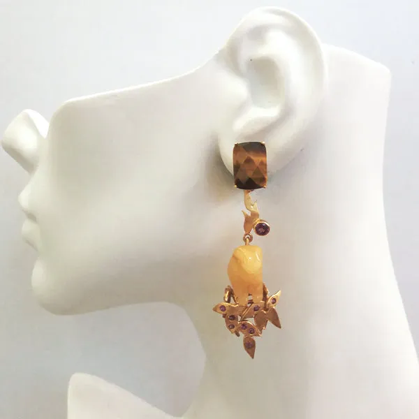 Tigers Eye Rectangular Stud with Amethyst & Carved Ram Yellow Quartz Twinset Earrings