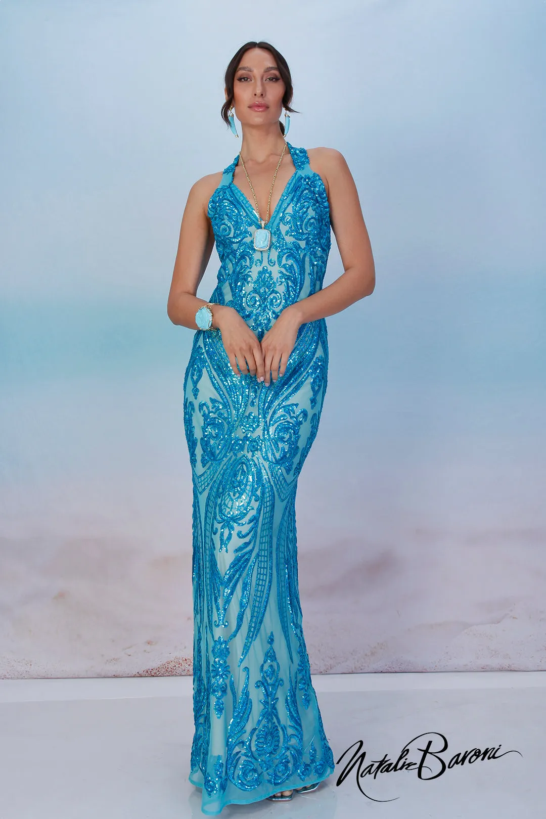 Turquoise Sequin Evening Gown - La Scala