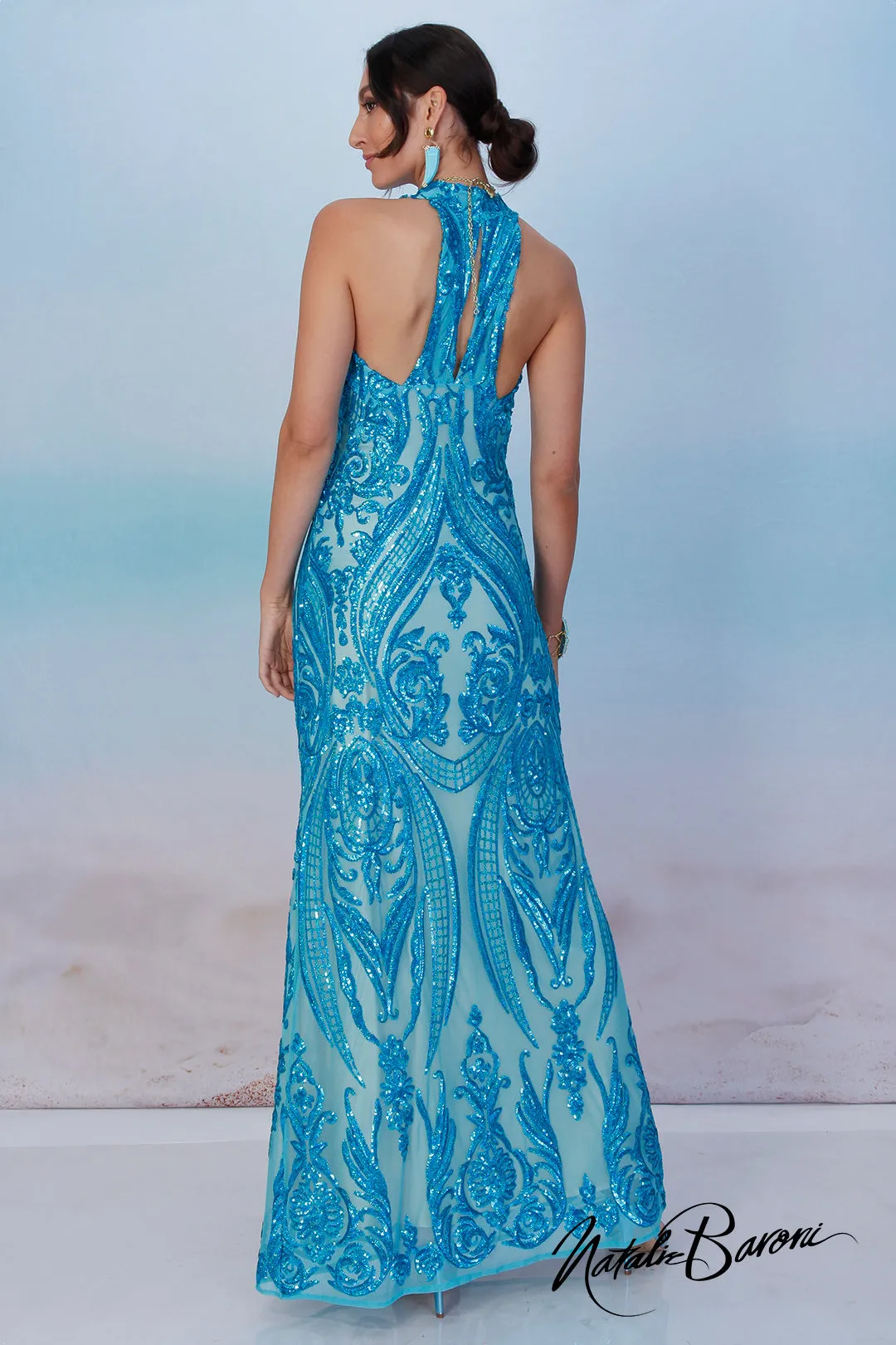 Turquoise Sequin Evening Gown - La Scala