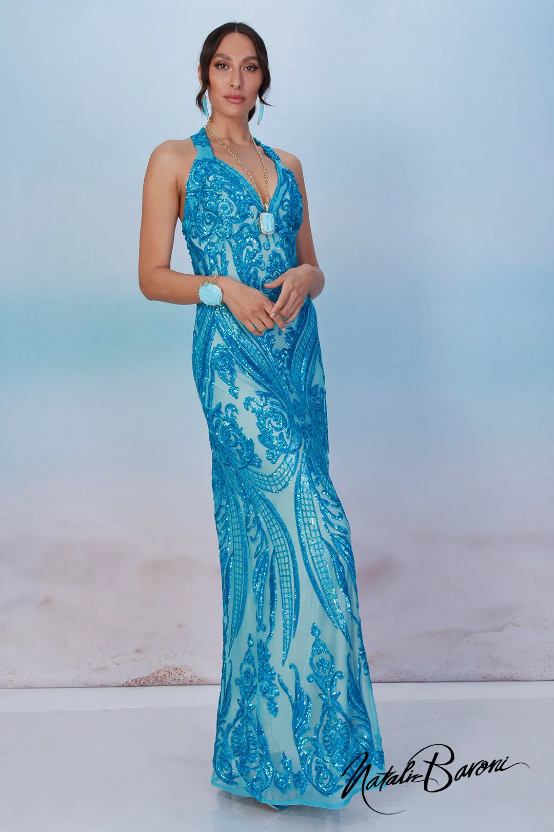 Turquoise Sequin Evening Gown - La Scala