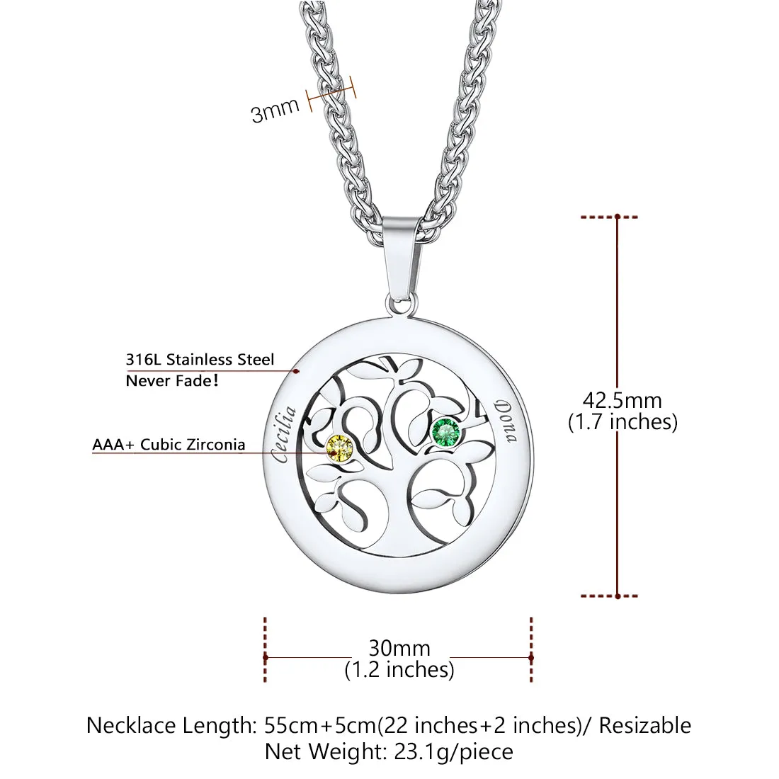 U7 Jewelry Personalized Engraved Family Names Necklace with Birthstone