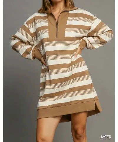 umgee Striped Half Zip Dress In Latte