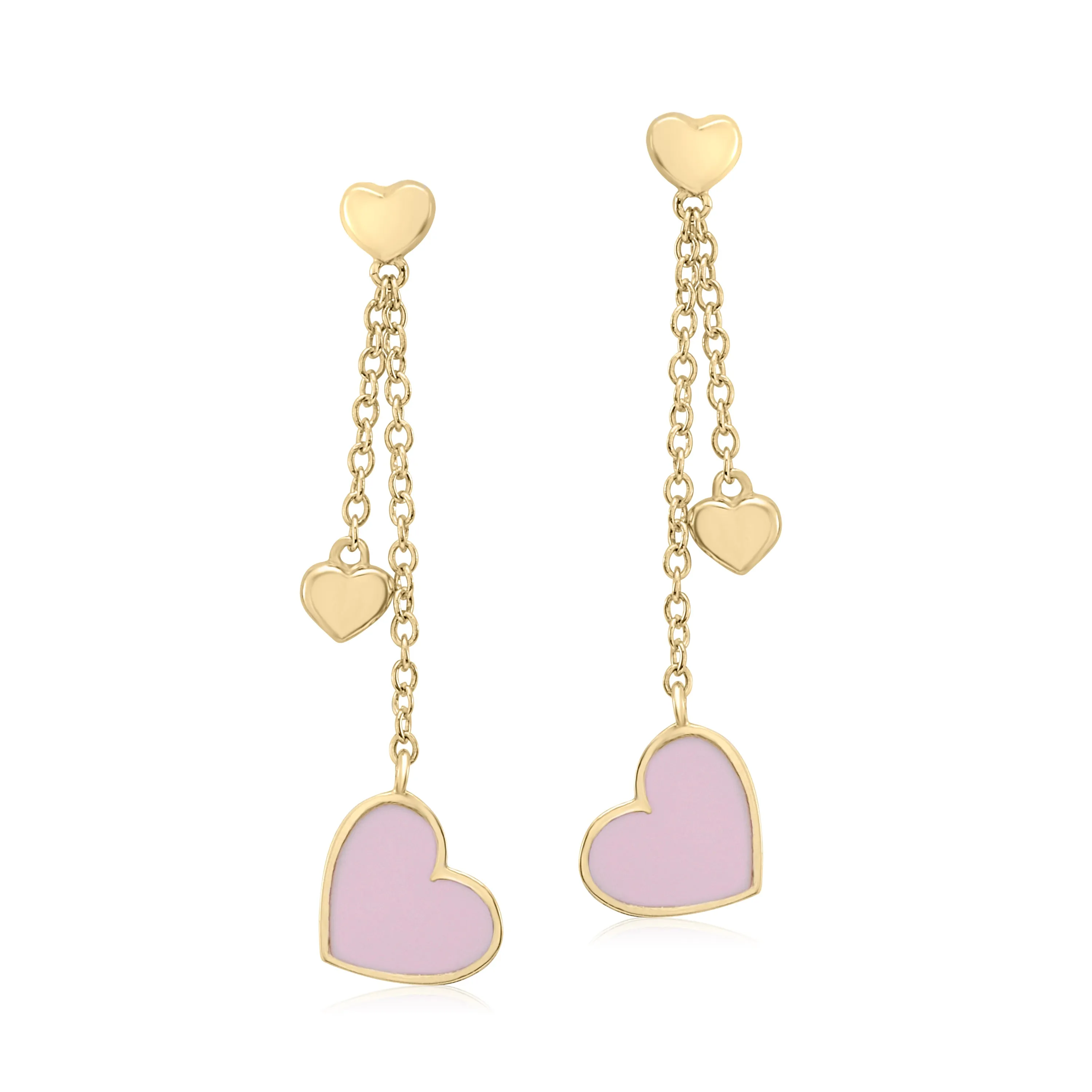 UNICORNJ 14K Yellow Gold Long Double Dangle Drop Heart Earrings with Pink or Red Enamel Italy