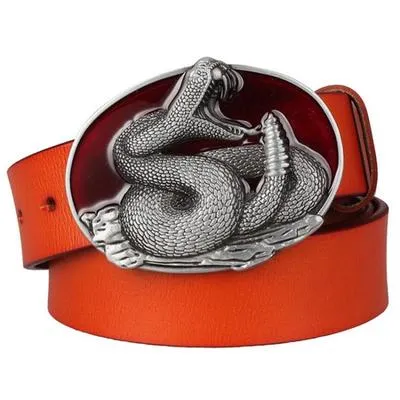 Unisex Genuine Leather Rattlesnake Pattern King Cobra Metal Buckle Belt