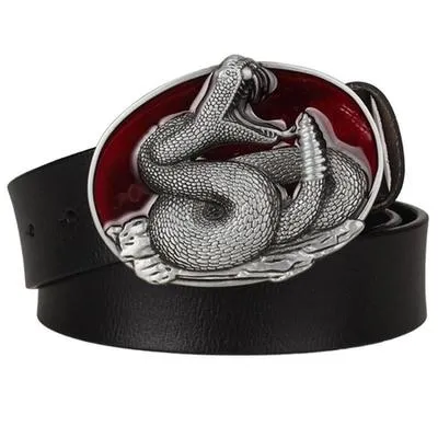 Unisex Genuine Leather Rattlesnake Pattern King Cobra Metal Buckle Belt