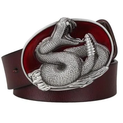 Unisex Genuine Leather Rattlesnake Pattern King Cobra Metal Buckle Belt