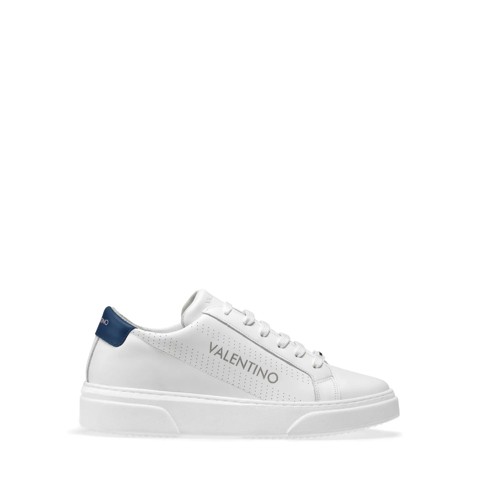 VALENTINO Lace Up Sneaker in white hide and blue insert