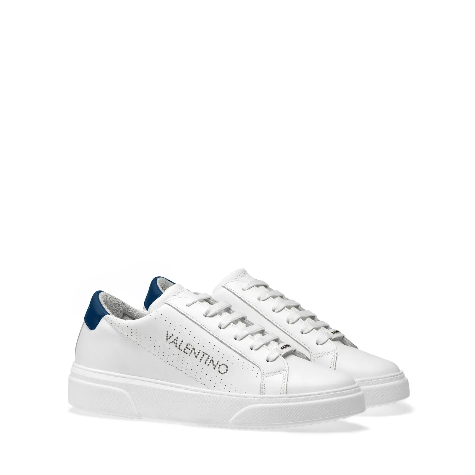 VALENTINO Lace Up Sneaker in white hide and blue insert