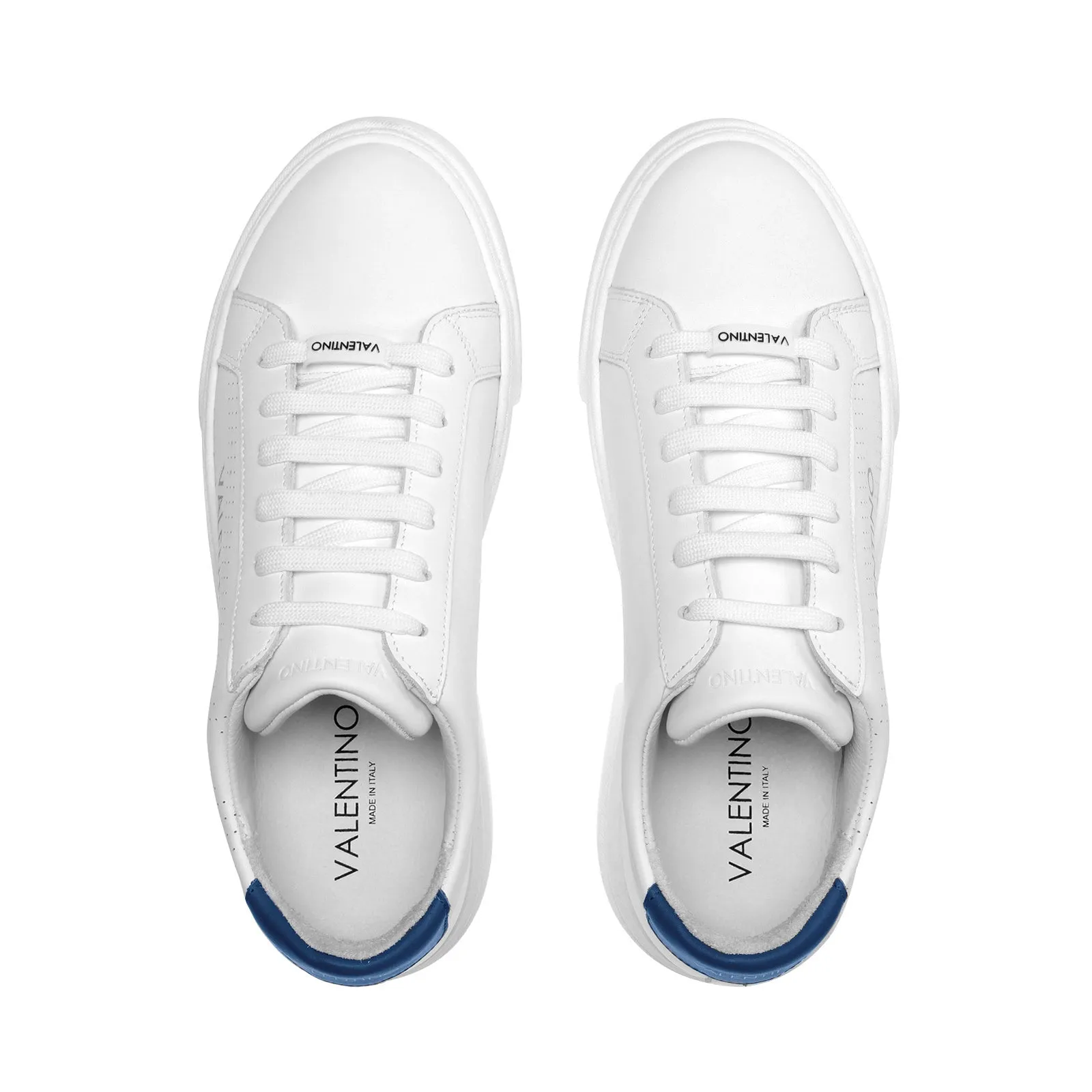 VALENTINO Lace Up Sneaker in white hide and blue insert