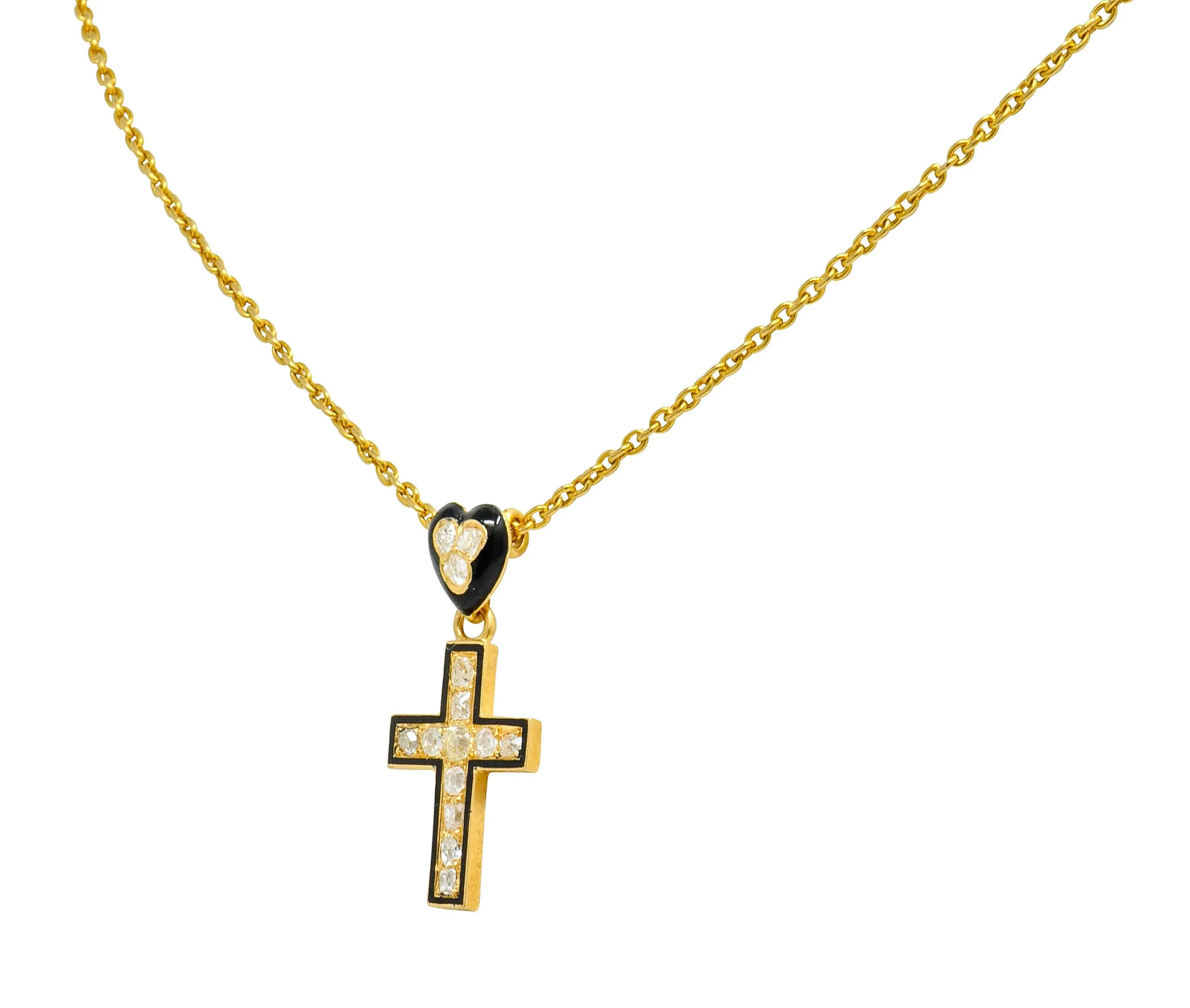 Victorian Diamond Enamel 18 Karat Gold Mourning Heart Cross Necklace