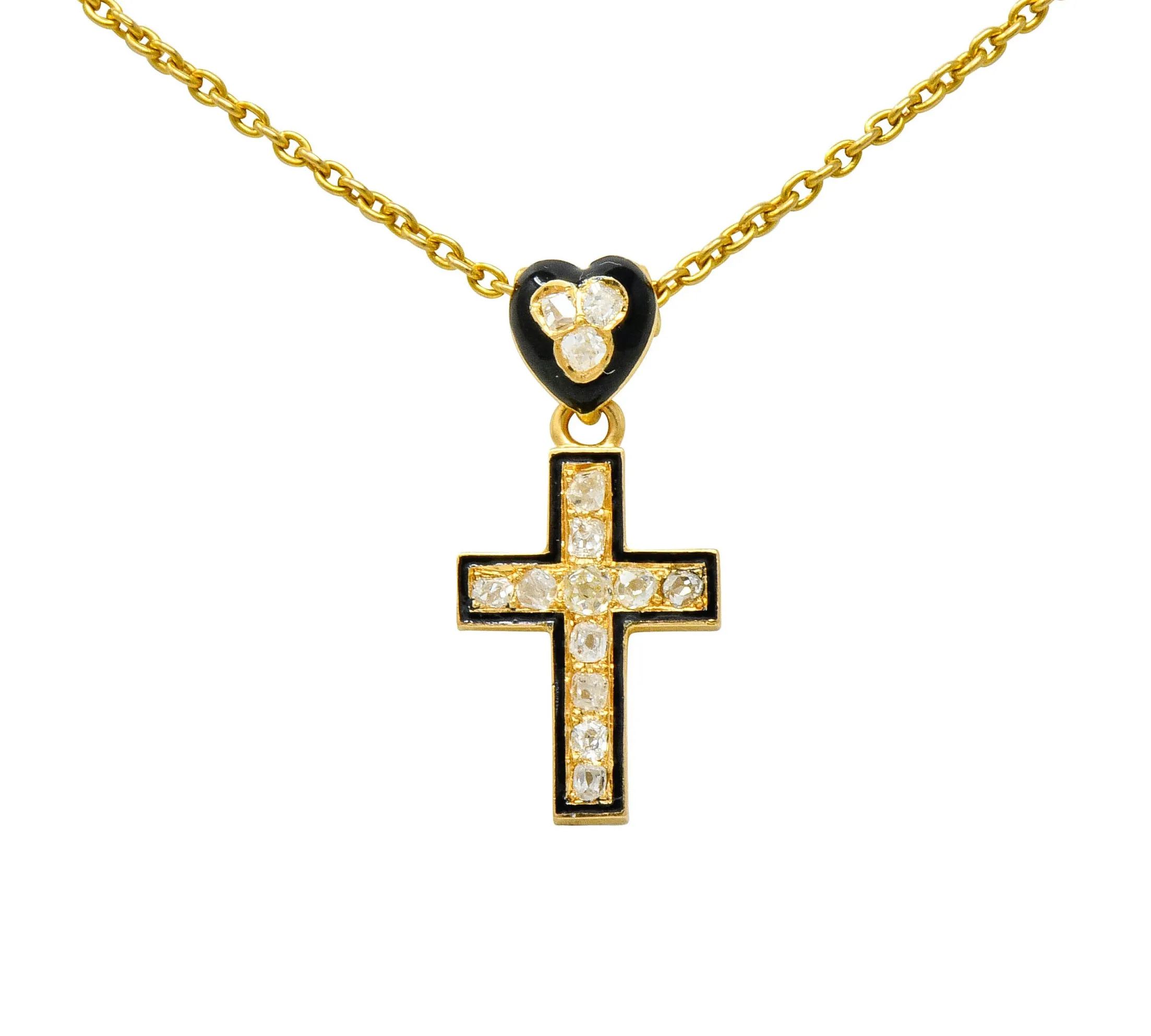 Victorian Diamond Enamel 18 Karat Gold Mourning Heart Cross Necklace