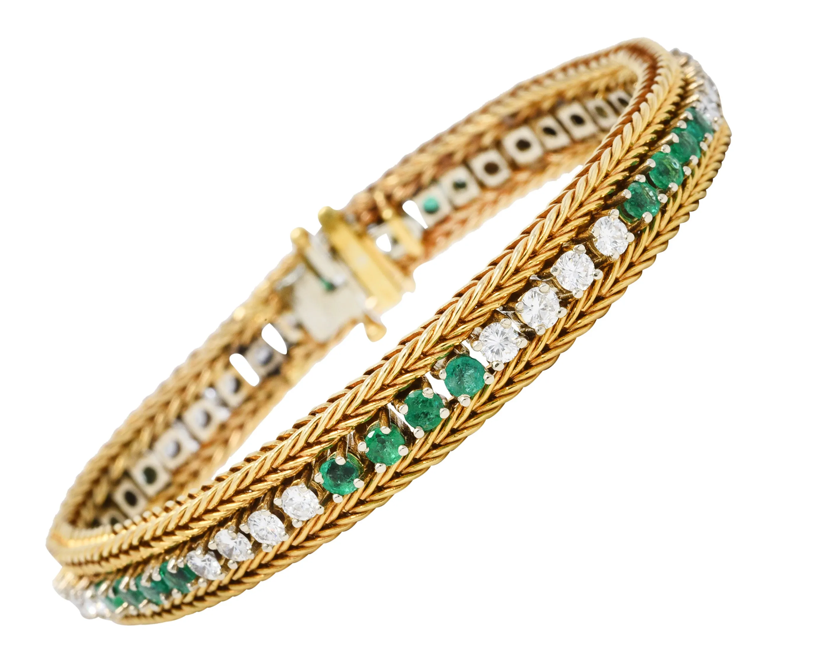 Vintage 3.00 CTW Diamond Emerald 18 Karat Two-Tone Gold Wheat Line Bracelet