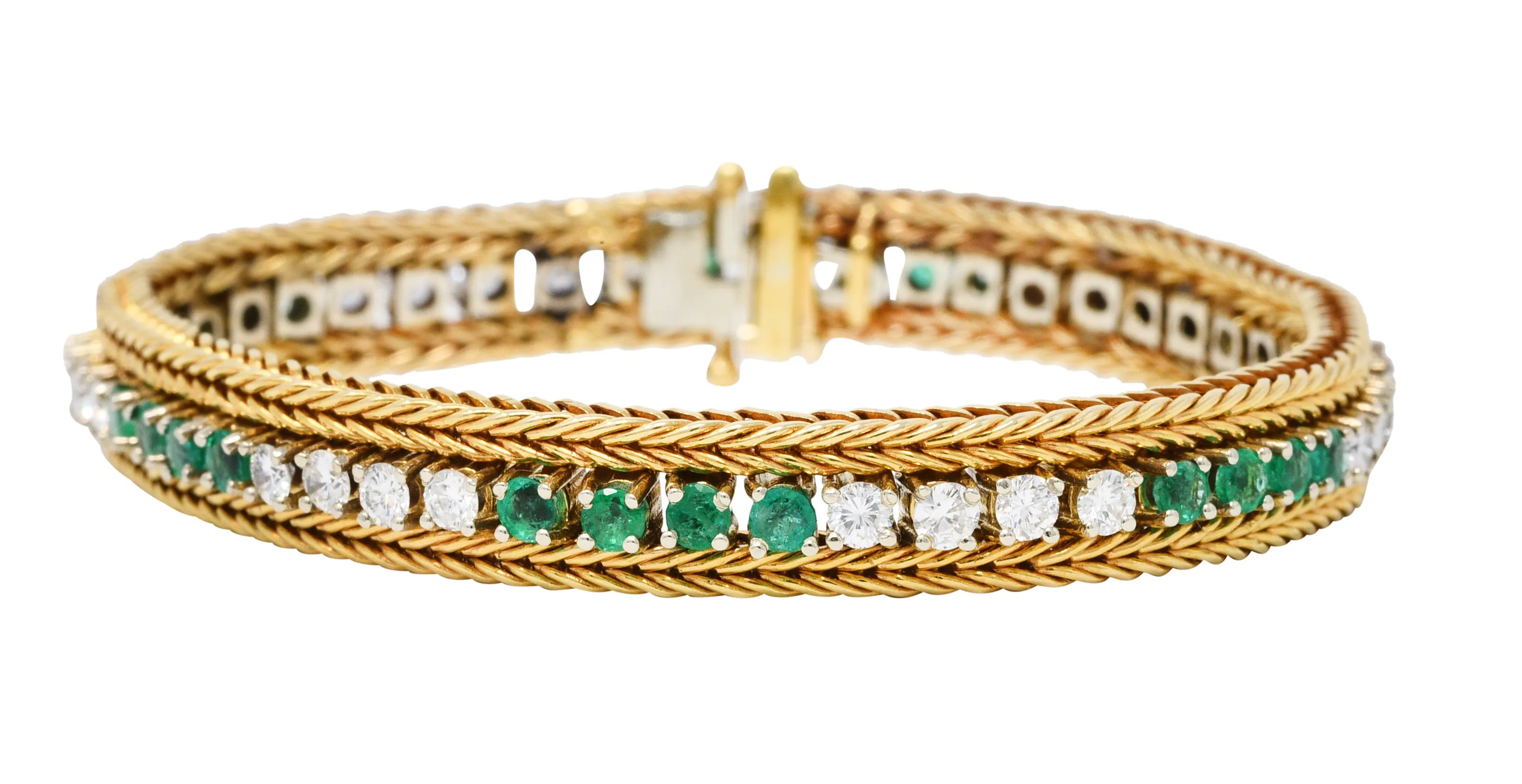 Vintage 3.00 CTW Diamond Emerald 18 Karat Two-Tone Gold Wheat Line Bracelet