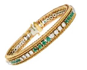 Vintage 3.00 CTW Diamond Emerald 18 Karat Two-Tone Gold Wheat Line Bracelet