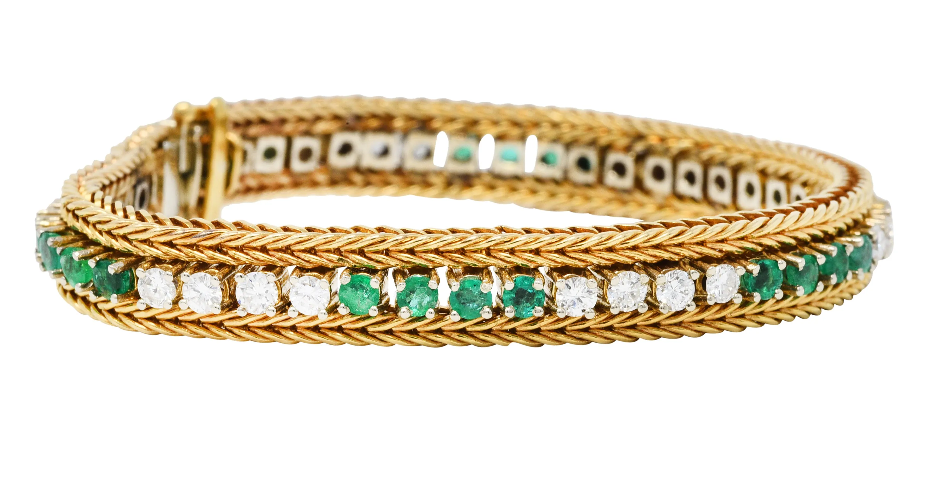 Vintage 3.00 CTW Diamond Emerald 18 Karat Two-Tone Gold Wheat Line Bracelet