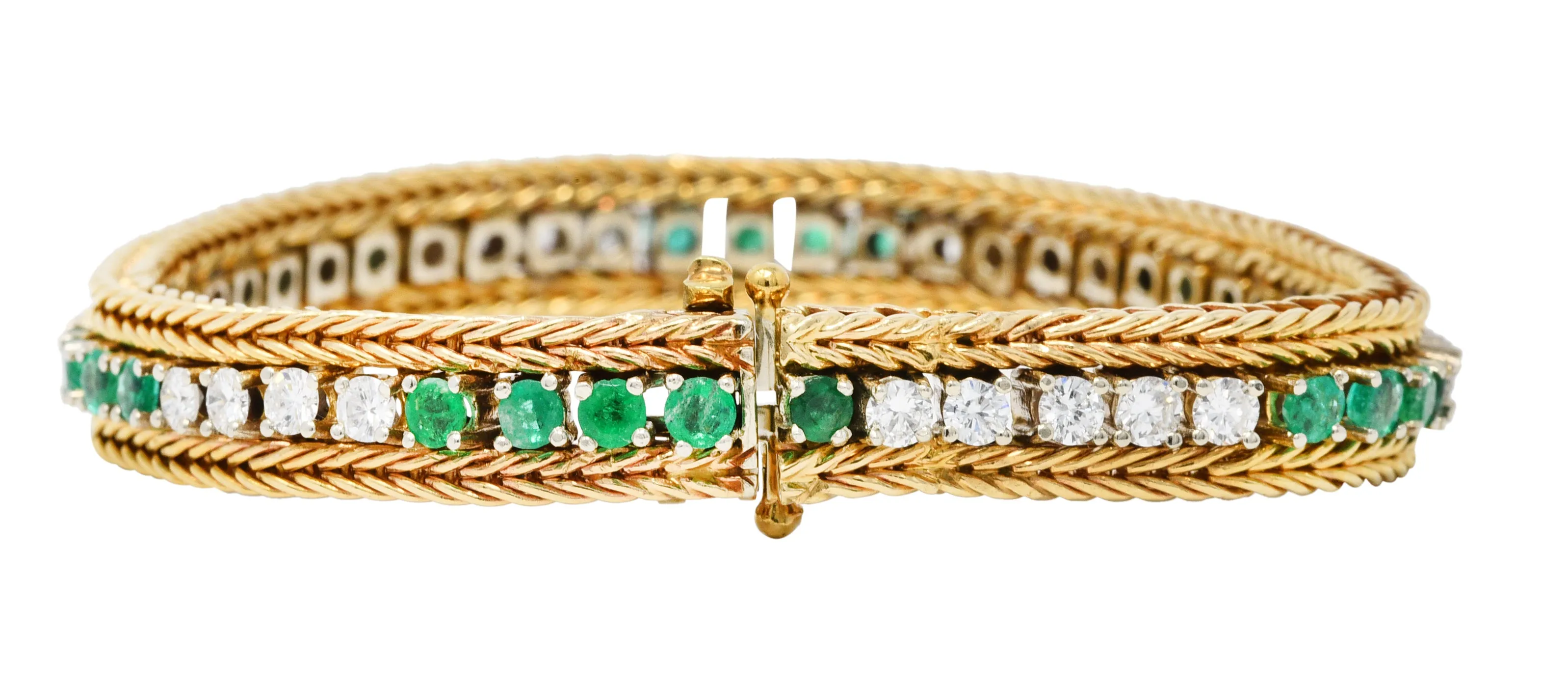 Vintage 3.00 CTW Diamond Emerald 18 Karat Two-Tone Gold Wheat Line Bracelet