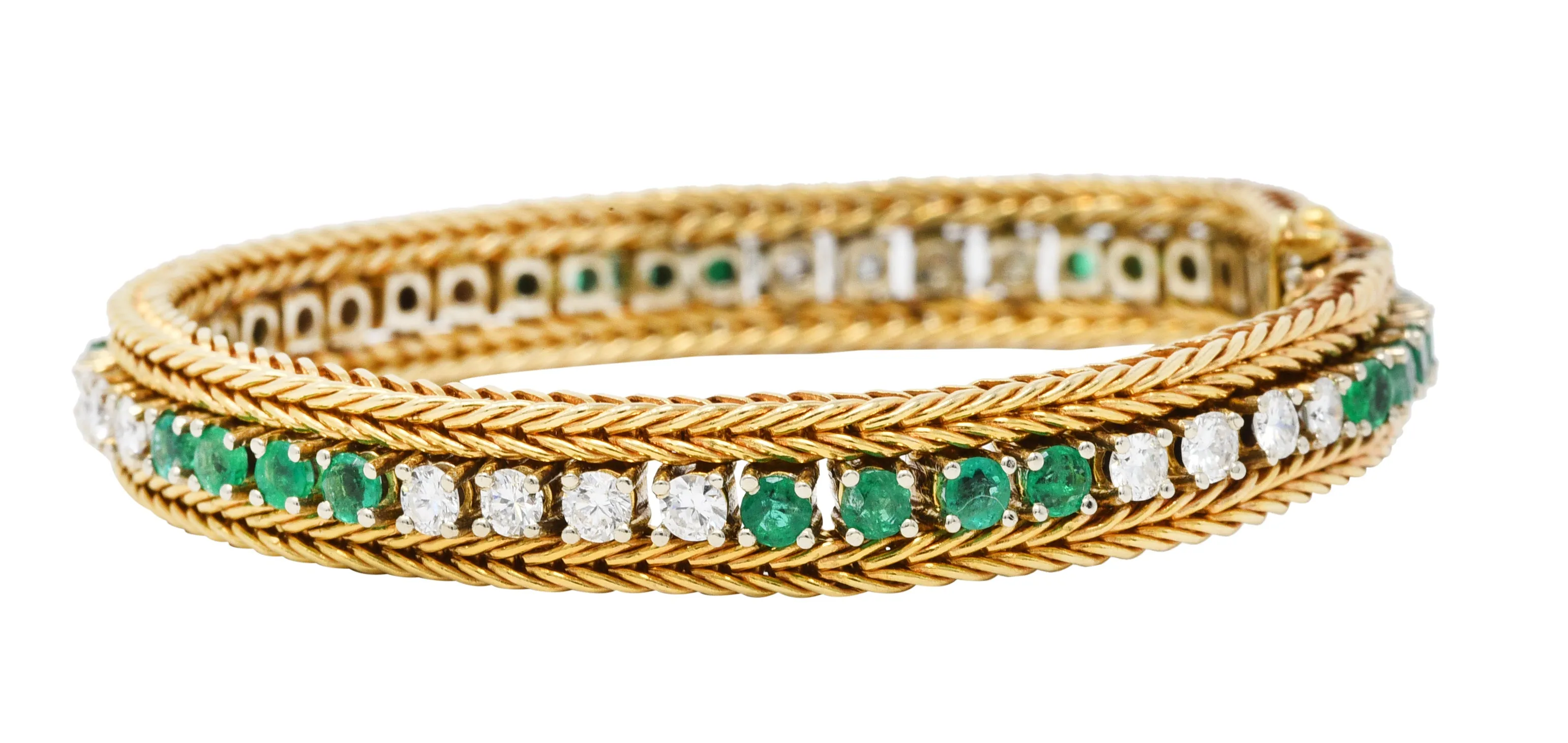 Vintage 3.00 CTW Diamond Emerald 18 Karat Two-Tone Gold Wheat Line Bracelet