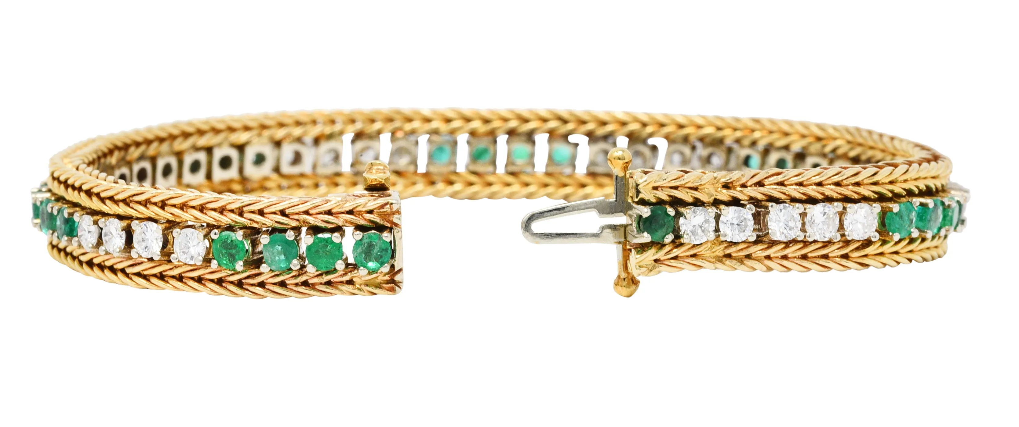 Vintage 3.00 CTW Diamond Emerald 18 Karat Two-Tone Gold Wheat Line Bracelet