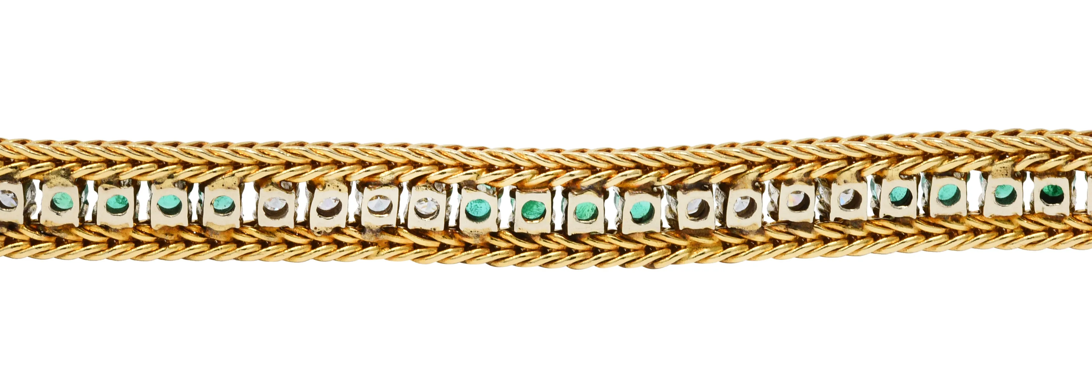 Vintage 3.00 CTW Diamond Emerald 18 Karat Two-Tone Gold Wheat Line Bracelet