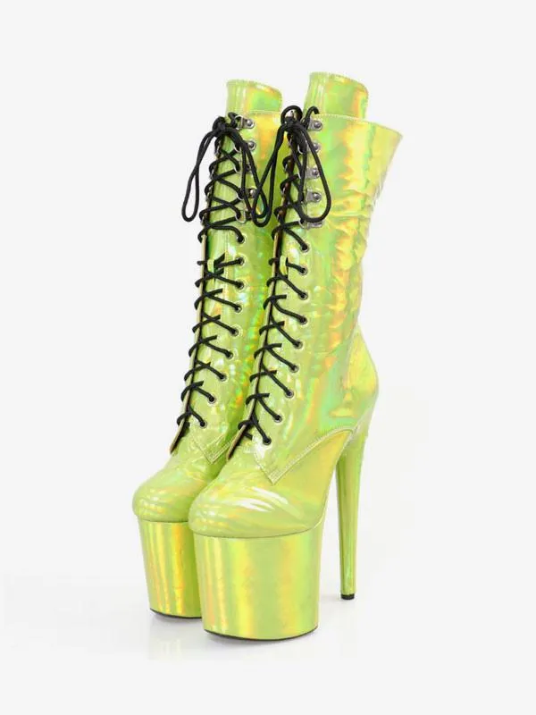 Women Sexy Boots Round Toe Lace Up Stiletto Heel Rave Club Green Thigh High Boots Over The Knee Boots