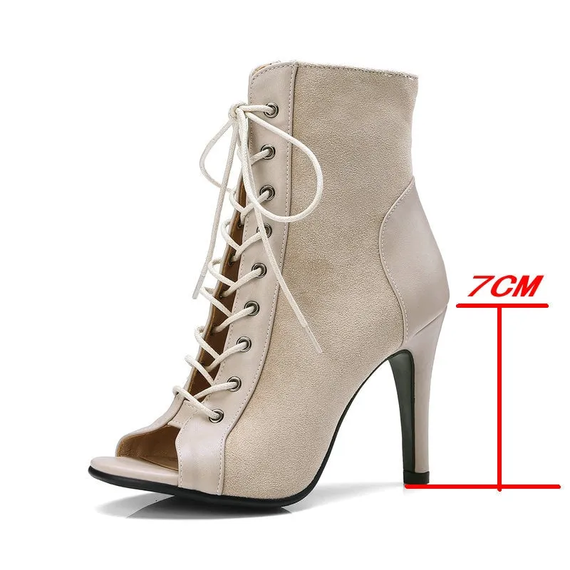 Women's Beige Color Cross-tied Peep Toe Lace-up Dance Gladiator Boots