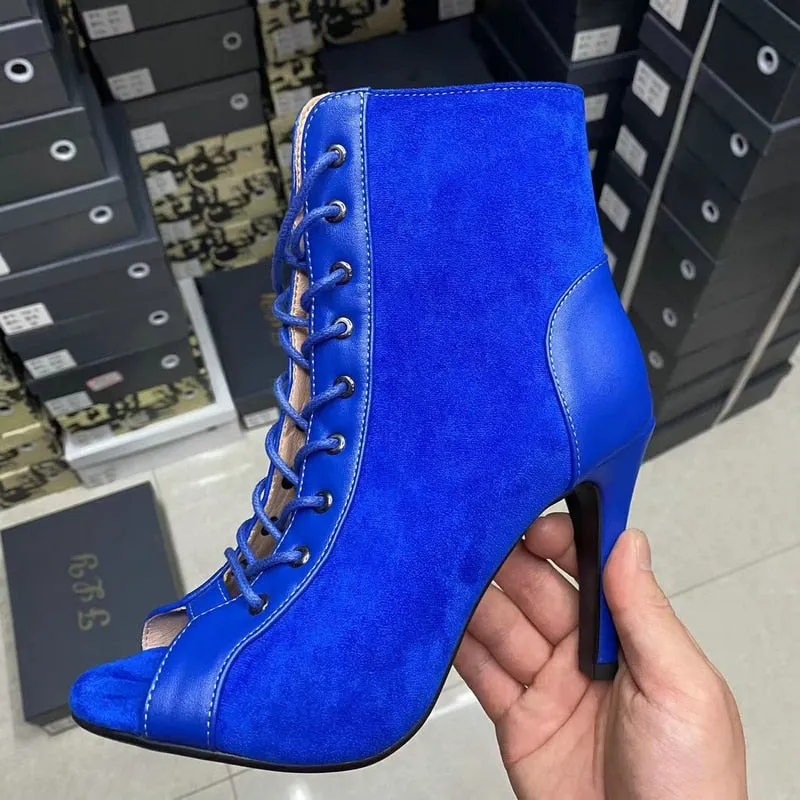 Women's Blue Color Cross-tied Lace-up Dance Peep Toe Gladiator Boots