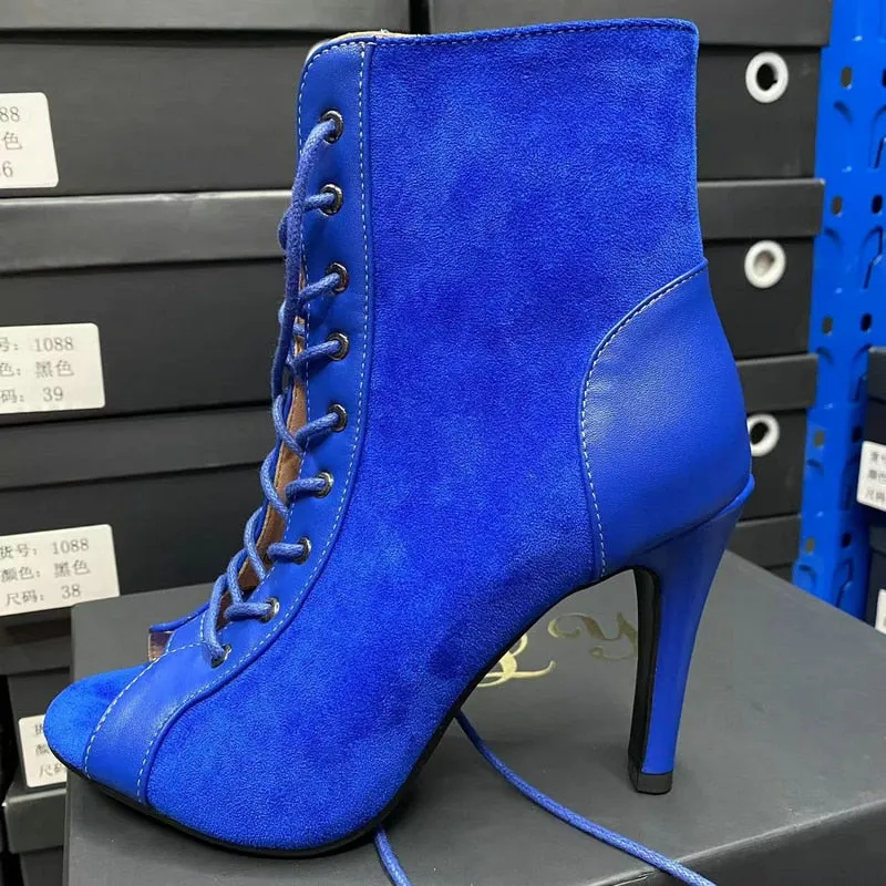 Women's Blue Color Cross-tied Lace-up Dance Peep Toe Gladiator Boots