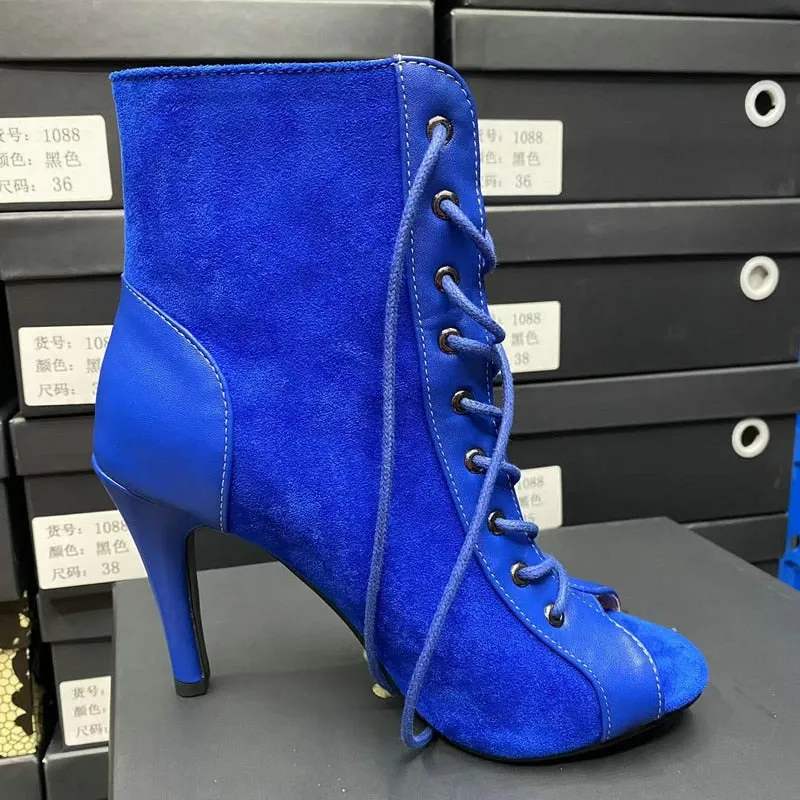 Women's Blue Color Cross-tied Lace-up Dance Peep Toe Gladiator Boots